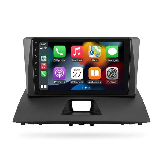Autoradio CarPlay Citroën Jumpy 2 2007-2016, écran tactile 9 pouces avec son cadre noir, vue de face sur fond blanc