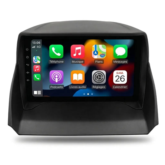 Autoradio CarPlay 9 pouces pour Ford C-Max et Grand C-Max 2010-2019, boîtier casquette noir, vue de face sur fond blanc