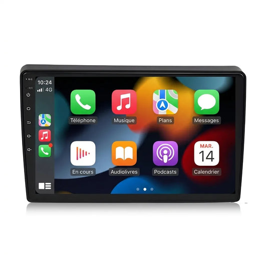 Autoradio CarPlay Android Auto Ford Transit (2006-2014), écran tactile 9 pouces avec cadre noir, vue de face sur fond blanc