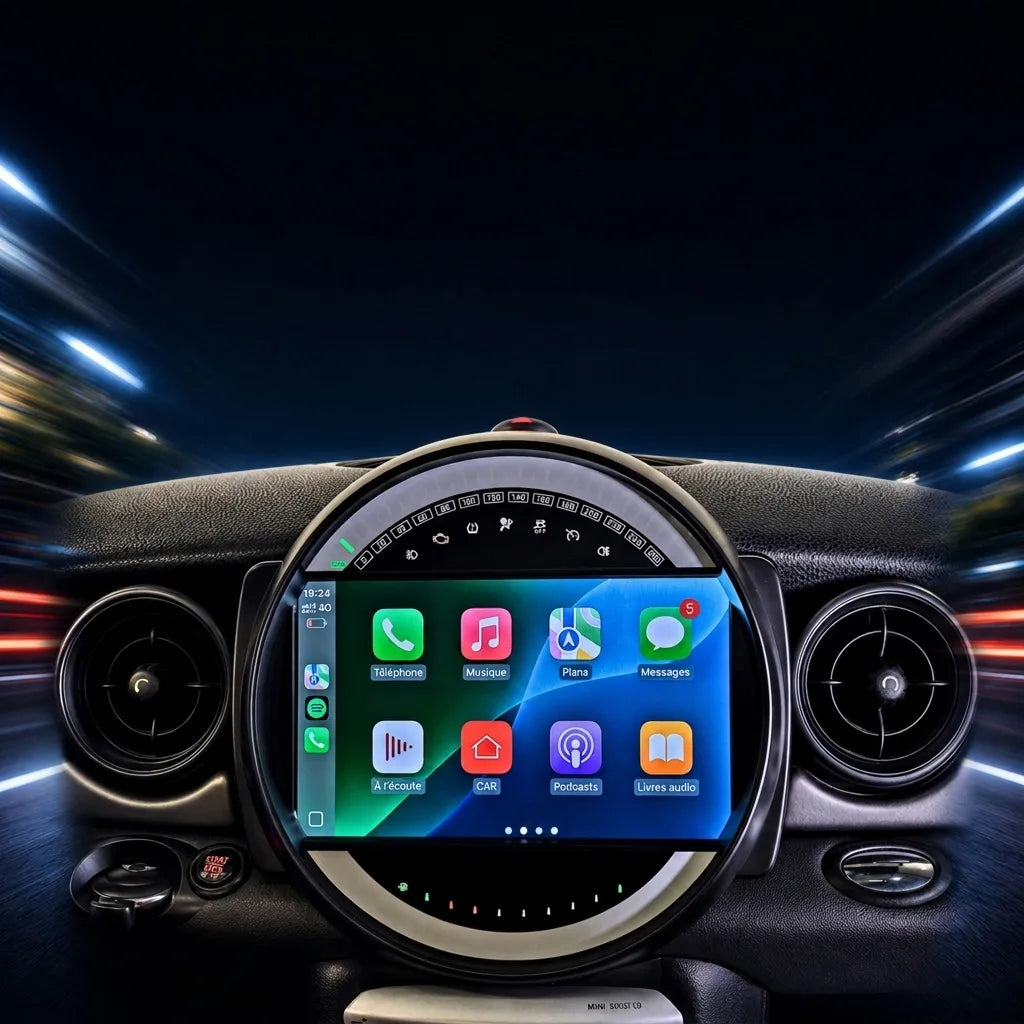 Autoradio CarPlay 9 pouces installé dans le bloc central rond d'une Mini Cooper R56 (2006-2013), interface Apple CarPlay