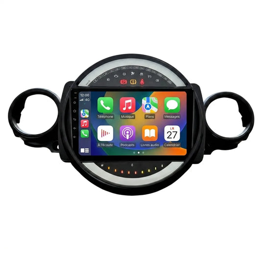Autoradio CarPlay Android Auto Mini Cooper R56 (2006-2013), écran tactile 9 pouces intégré au bloc central rond avec entourages d'aérateurs, vue de face sur fond blanc