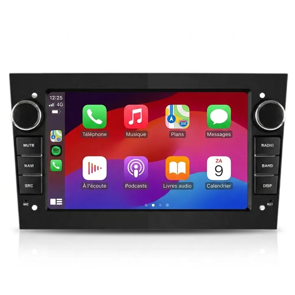 Autoradio CarPlay Android Auto Opel Corsa D (2006-2014), écran tactile 7 pouces, façade noire format Opel avec boutons rotatifs, vue de face sur fond blanc