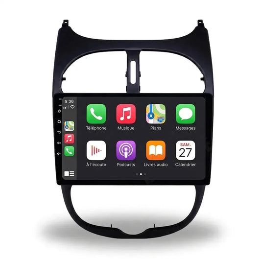 Autoradio CarPlay Android Auto Peugeot 206 écran tactile 9 pouces avec façade d'adaptation, vue de face