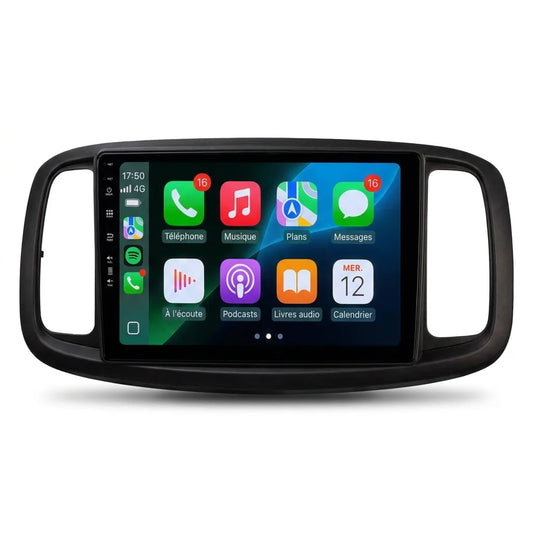 Autoradio CarPlay Android Auto Renault Trafic 2, écran tactile 10,1 pouces dans son cadre noir avec les ouvertures des aérateurs, vue de face