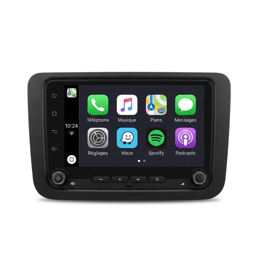 Autoradio CarPlay Android Auto Skoda Octavia 2 (2004-2013), écran tactile 7 pouces au format du poste d'origine, vue de face sur fond blanc