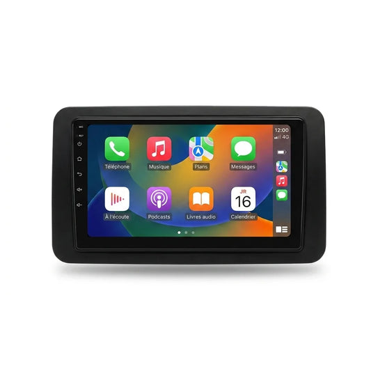 Autoradio CarPlay Android Auto Toyota Yaris 2 (2005-2011), écran tactile 9 pouces avec cadre noir, vue de face sur fond blanc