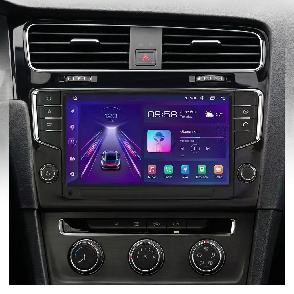 Autoradio CarPlay Golf 7 version avec boutons physiques installé dans la console d'une Volkswagen Golf 7, aérateurs et climatisation d'origine conservés