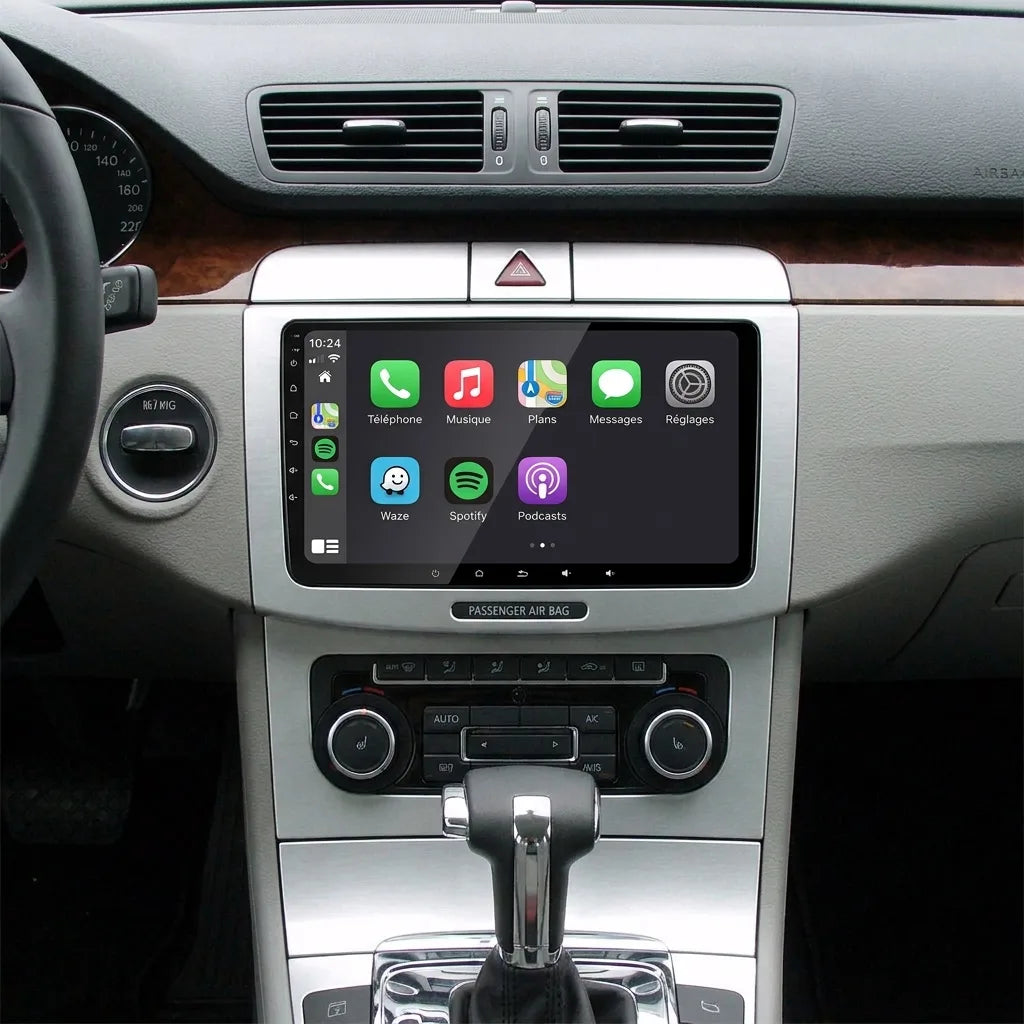 Autoradio CarPlay 9 pouces installé dans la console d'une Volkswagen Passat B6 (2005-2010), Apple CarPlay en français
