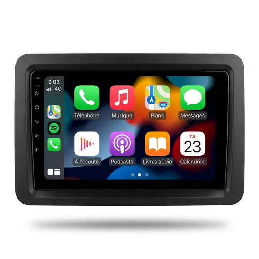 Autoradio CarPlay Android Auto Volkswagen Polo 4 9N (2001-2009), écran tactile 9 pouces avec cadre noir, vue de face sur fond blanc