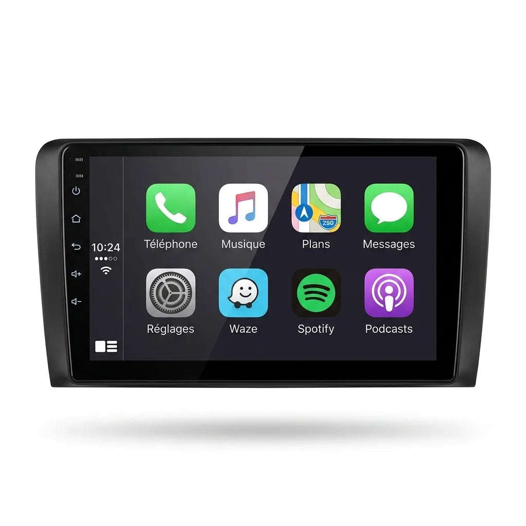 Autoradio CarPlay Android Auto Audi A3 8P (2003-2012) grand écran tactile 9 pouces, vue de face sur fond blanc