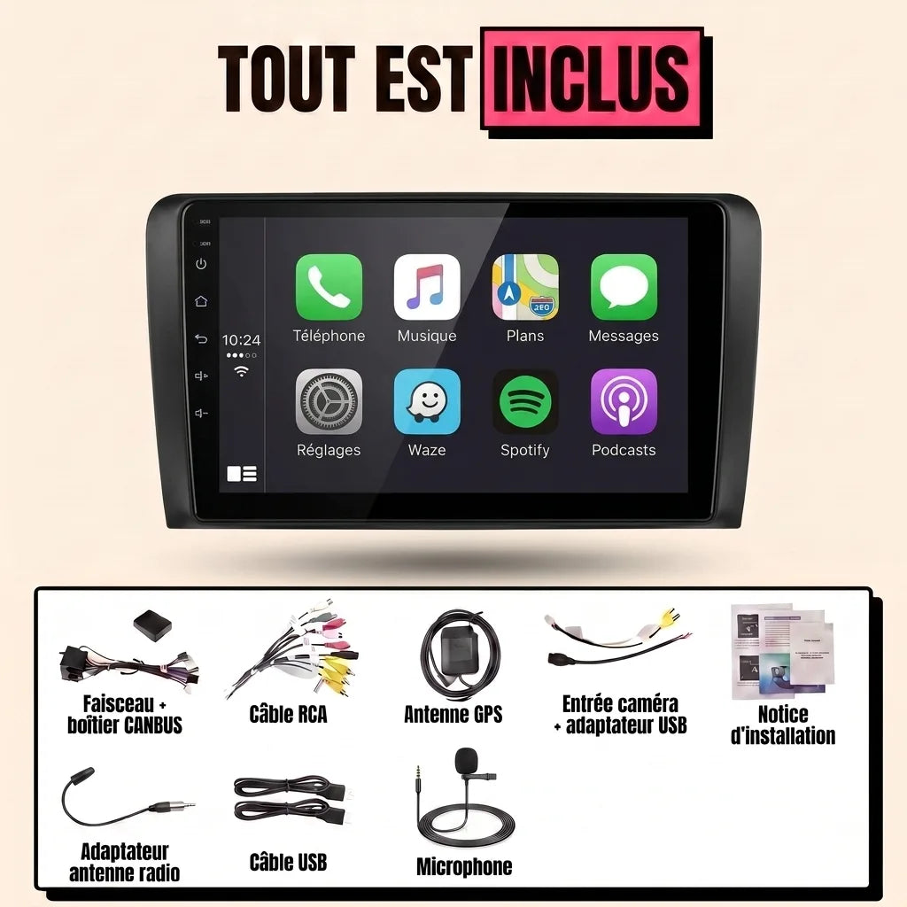 Kit autoradio CarPlay Audi A3 8P (2003-2012) grand écran tactile 9 pouces : tout est inclus, faisceau canbus, antenne GPS, câbles, microphone et notice