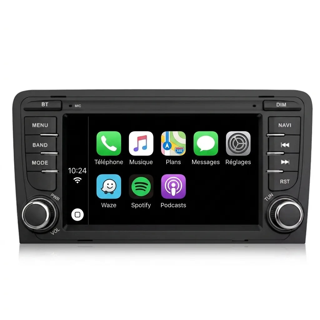 Autoradio CarPlay Android Auto Audi A3 8P (2003-2012), écran tactile 7 pouces au format d'origine Audi, vue de face sur fond blanc