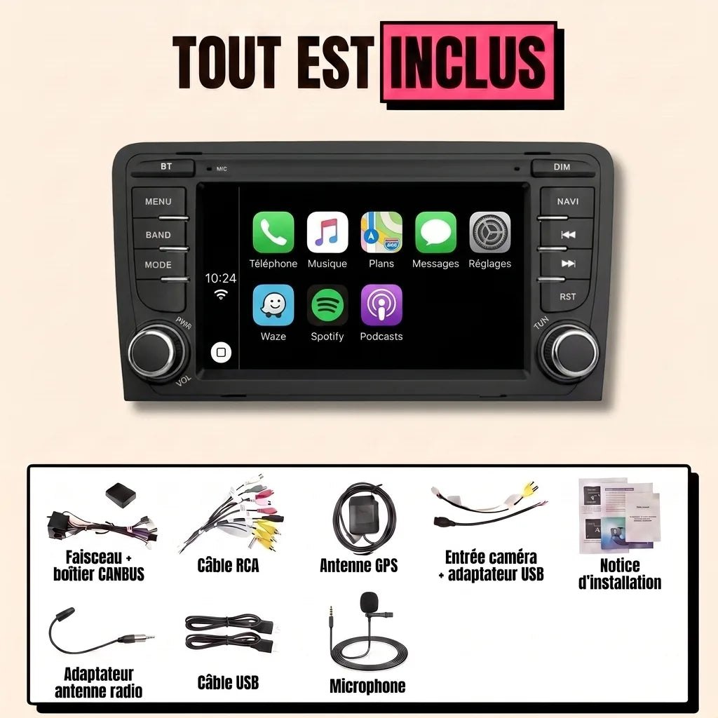 Kit autoradio CarPlay Audi A3 8P (2003-2012) écran tactile 7 pouces format d'origine : tout est inclus, faisceau canbus, antenne GPS, câbles, microphone et notice