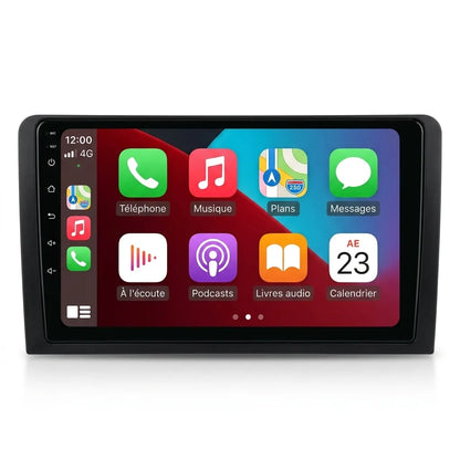 Autoradio CarPlay Android Auto Audi A4 B6/B7 (2001-2008), écran tactile 9 pouces avec cadre noir, vue de face sur fond blanc