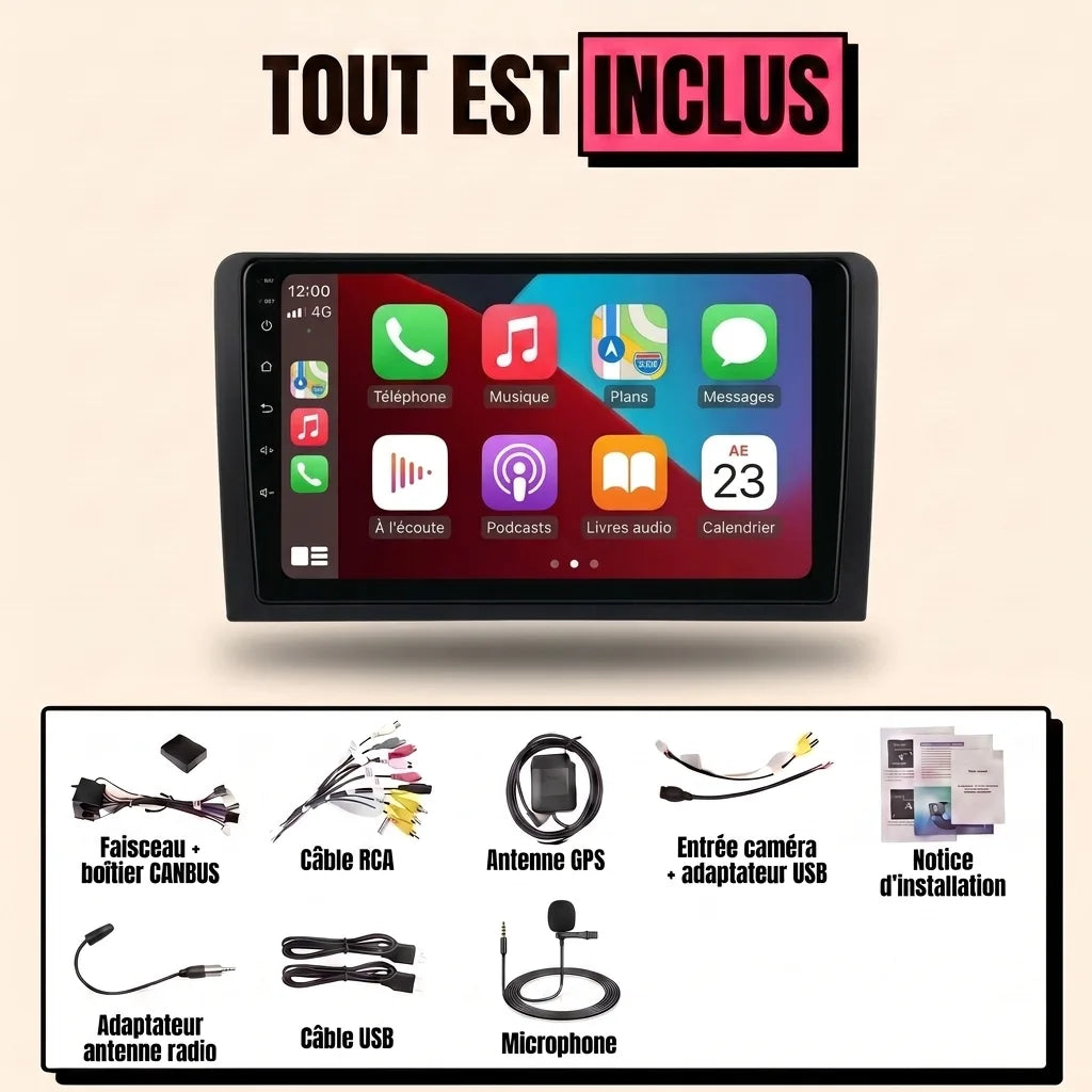 Kit autoradio CarPlay Audi A4 B6/B7 (2001-2008) écran tactile 9 pouces avec cadre : tout est inclus, faisceau canbus, antenne GPS, câbles, microphone et notice