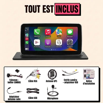 Kit complet CarPlay Audi A4 B8 2007-2015 : écran 10,25 pouces à liseré argenté, faisceau canbus, antenne GPS, micro, tout est inclus