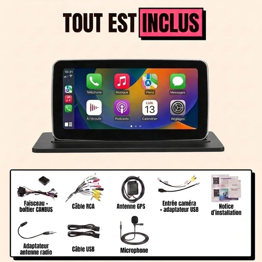 Kit complet CarPlay Audi A4 B8 2007-2015 : écran 10,25 pouces à liseré argenté, faisceau canbus, antenne GPS, micro, tout est inclus