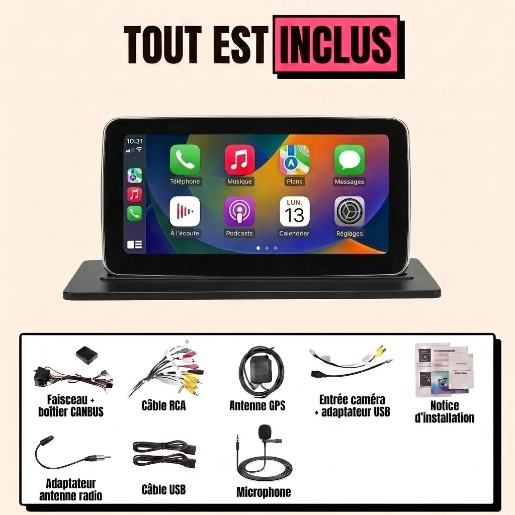 Kit complet CarPlay Audi A5 8T 2007-2016 : écran 10,25 pouces à liseré argenté, faisceau canbus, antenne GPS, micro, tout est inclus