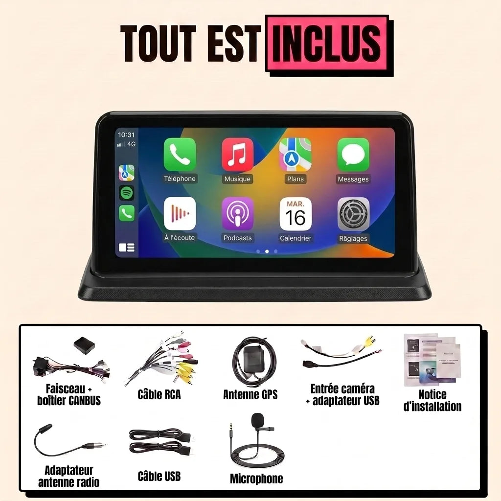 Kit complet CarPlay BMW Série 1 E87 : écran 10,25 pouces sur son support, faisceau canbus, antenne GPS, micro, tout est inclus