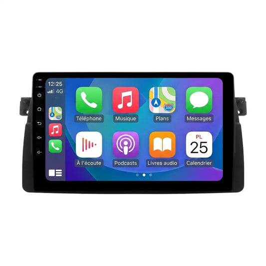 Autoradio CarPlay Android Auto BMW Série 3 E46 (1998-2006), écran tactile 9 pouces avec façade spécifique E46, vue de face sur fond blanc