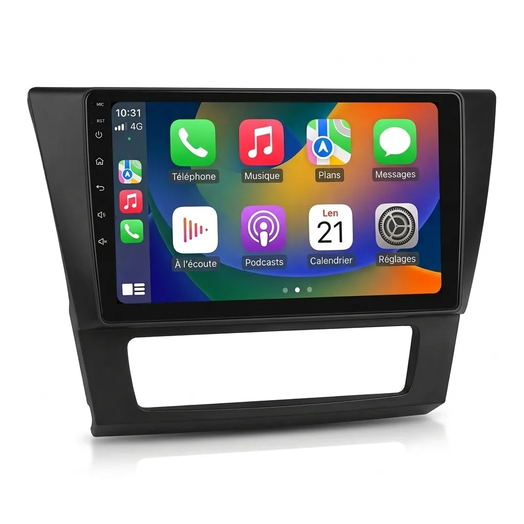 Autoradio CarPlay 9 pouces pour BMW Série 3 E90 E91 E92 E93 avec façade et ouverture pour le panneau de clim d'origine
