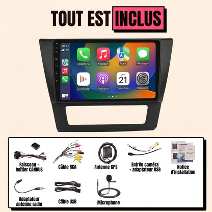 Kit complet autoradio CarPlay BMW Série 3 E90 2005-2012 : écran 9 pouces avec façade, faisceau canbus, antenne GPS, micro, tout est inclus