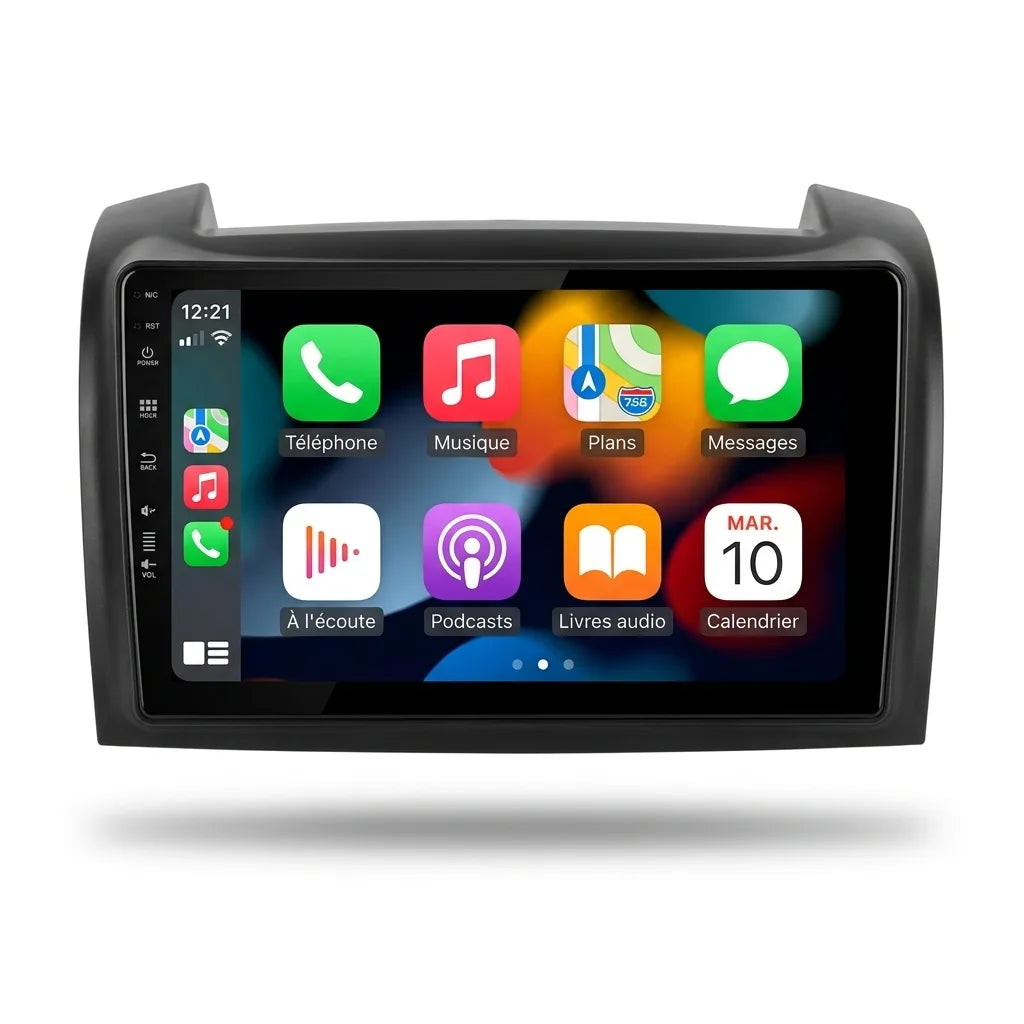 Autoradio CarPlay Android Auto Citroën Berlingo 2, écran tactile 9 pouces dans sa façade noire, vue de face