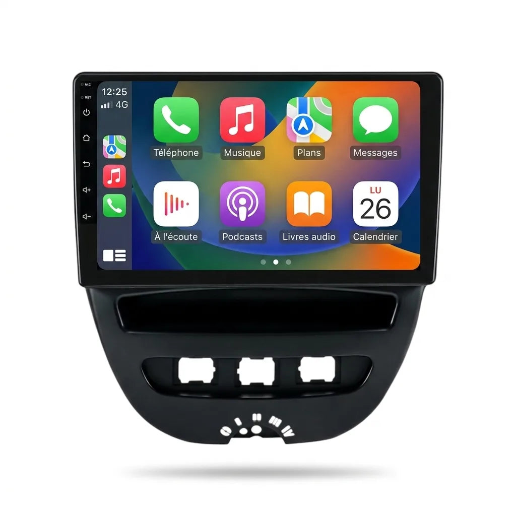 Autoradio CarPlay Android Auto Citroën C1 (2005-2014), écran tactile 9 pouces sur façade noire reprenant la console centrale, vue de face sur fond blanc