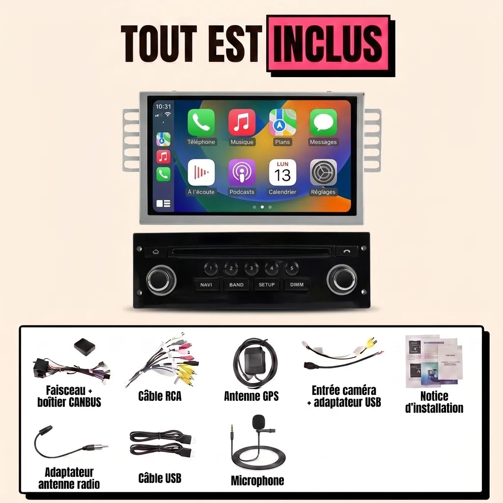 Autoradio CarPlay Citroën C3 Picasso 2009-2017 avec écran GPS, kit tout inclus : écran 7 pouces, bloc de commande, faisceau canbus et accessoires