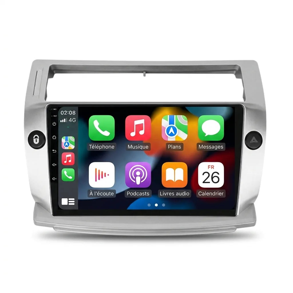 Autoradio CarPlay Android Auto Citroën C4 (2004-2010), écran tactile 9 pouces sur façade gris argent spécifique C4 avec ouverture d'aérateurs, vue de face sur fond blanc