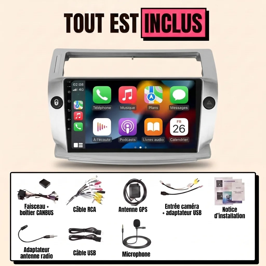 Kit autoradio CarPlay Citroën C4 phase 1 (2004-2010) écran tactile 9 pouces avec façade gris argent : tout est inclus, faisceau canbus, antenne GPS, câbles, microphone et notice