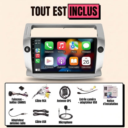 Kit autoradio CarPlay Citroën C4 phase 1 (2004-2010) écran tactile 9 pouces avec façade gris argent : tout est inclus, faisceau canbus, antenne GPS, câbles, microphone et notice