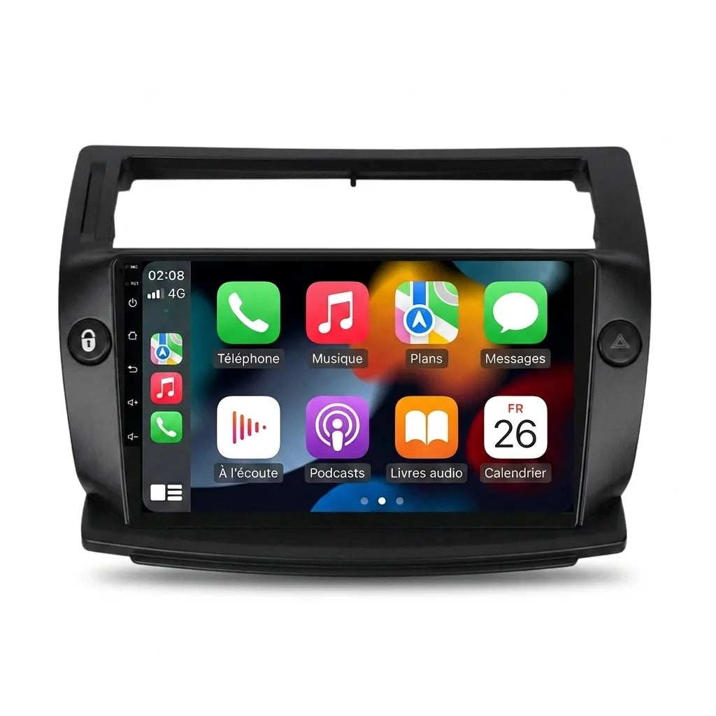 Autoradio CarPlay Android Auto Citroën C4 (2004-2010), écran tactile 9 pouces sur façade noire spécifique C4, vue de face sur fond blanc