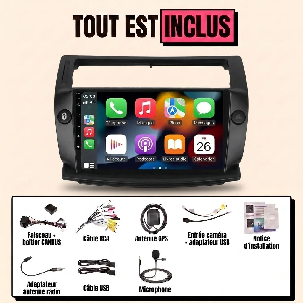 Kit autoradio CarPlay Citroën C4 phase 1 (2004-2010) écran tactile 9 pouces avec façade noire : tout est inclus, faisceau canbus, antenne GPS, câbles, microphone et notice