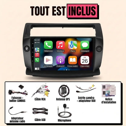 Kit autoradio CarPlay Citroën C4 phase 1 (2004-2010) écran tactile 9 pouces avec façade noire : tout est inclus, faisceau canbus, antenne GPS, câbles, microphone et notice