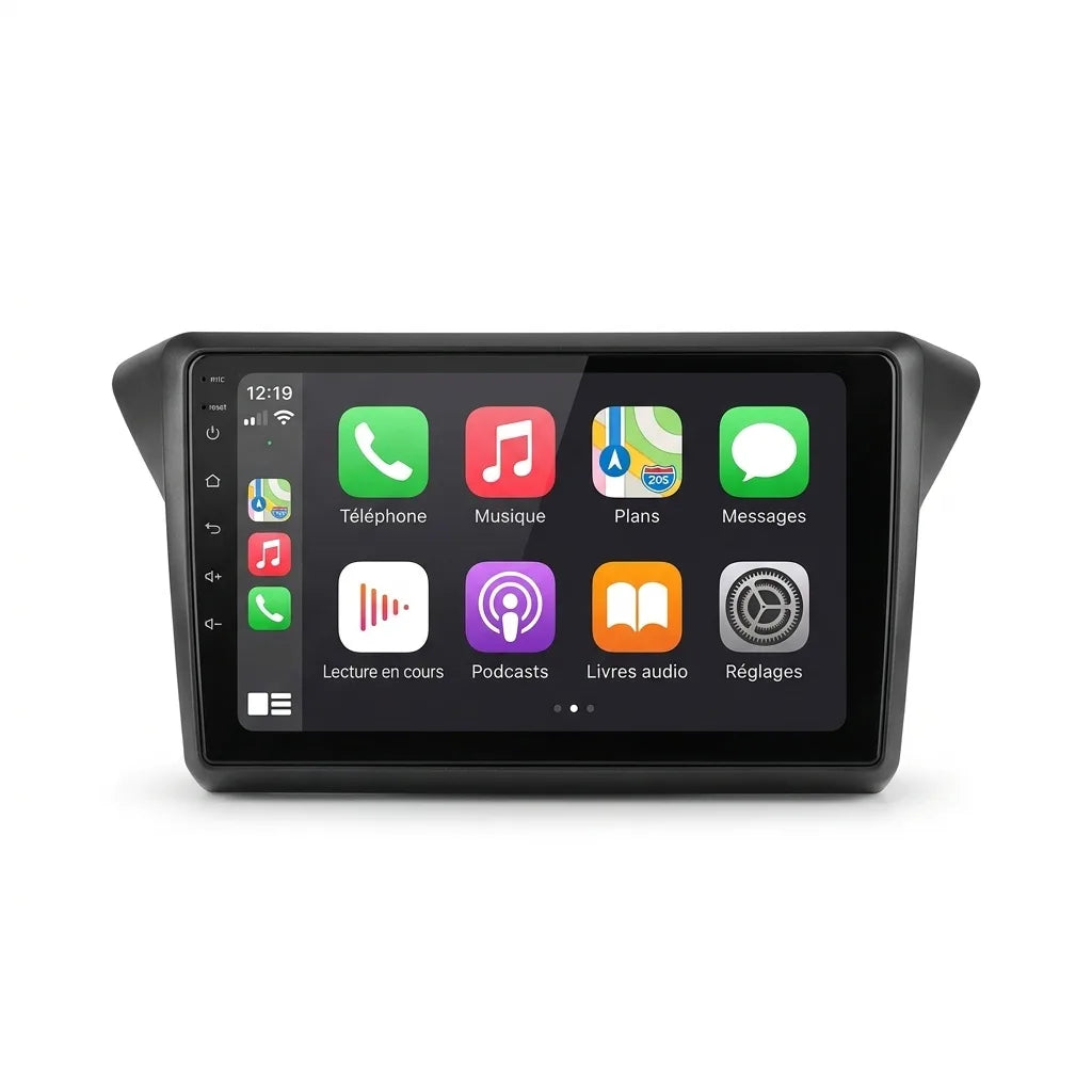 Autoradio CarPlay Citroën C4 Picasso 2006-2013 écran tactile 9 pouces avec façade spécifique noire, vue de face sur fond blanc