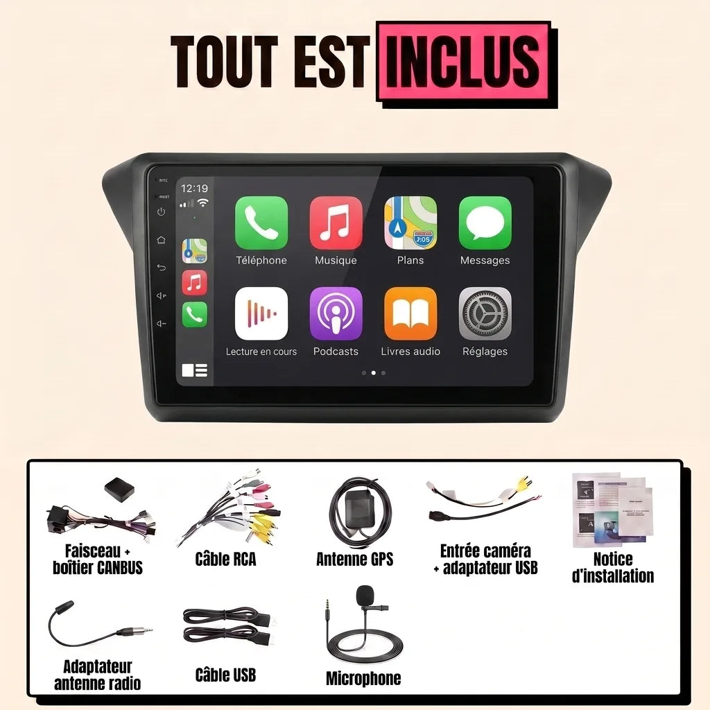 Autoradio CarPlay Citroën C4 Picasso et Grand C4 Picasso 2006-2013 : tout est inclus, façade noire, faisceau canbus, antenne GPS, micro et câbles