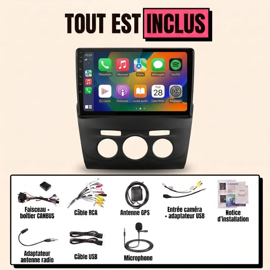 Autoradio CarPlay Citroën C4 2010-2018 : tout est inclus, écran 10,1 pouces sur façade noire, faisceau canbus, antenne GPS, micro et câbles