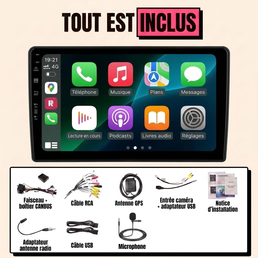 Autoradio CarPlay Citroën C5 II (2008-2017) : tout est inclus, écran tactile 10,1 pouces, faisceau canbus, antenne GPS, micro et câbles