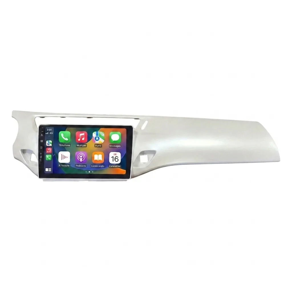 Autoradio CarPlay Android Auto Citroën DS3 (2010-2019), écran tactile 9 pouces intégré au bandeau de tableau de bord blanc, vue de face sur fond blanc