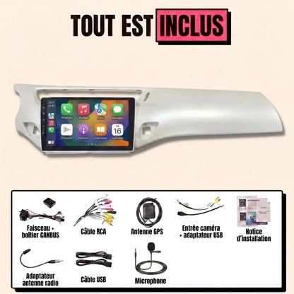 Kit autoradio CarPlay Citroën DS3 (2010-2019) écran tactile 9 pouces intégré au bandeau blanc : tout est inclus, faisceau canbus, antenne GPS, câbles, microphone et notice