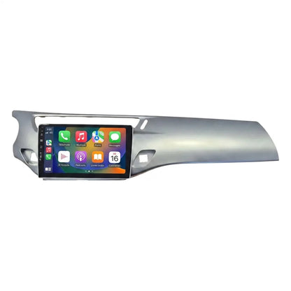 Autoradio CarPlay Android Auto Citroën DS3 (2010-2019), écran tactile 9 pouces intégré au bandeau de tableau de bord gris argent, vue de face sur fond blanc