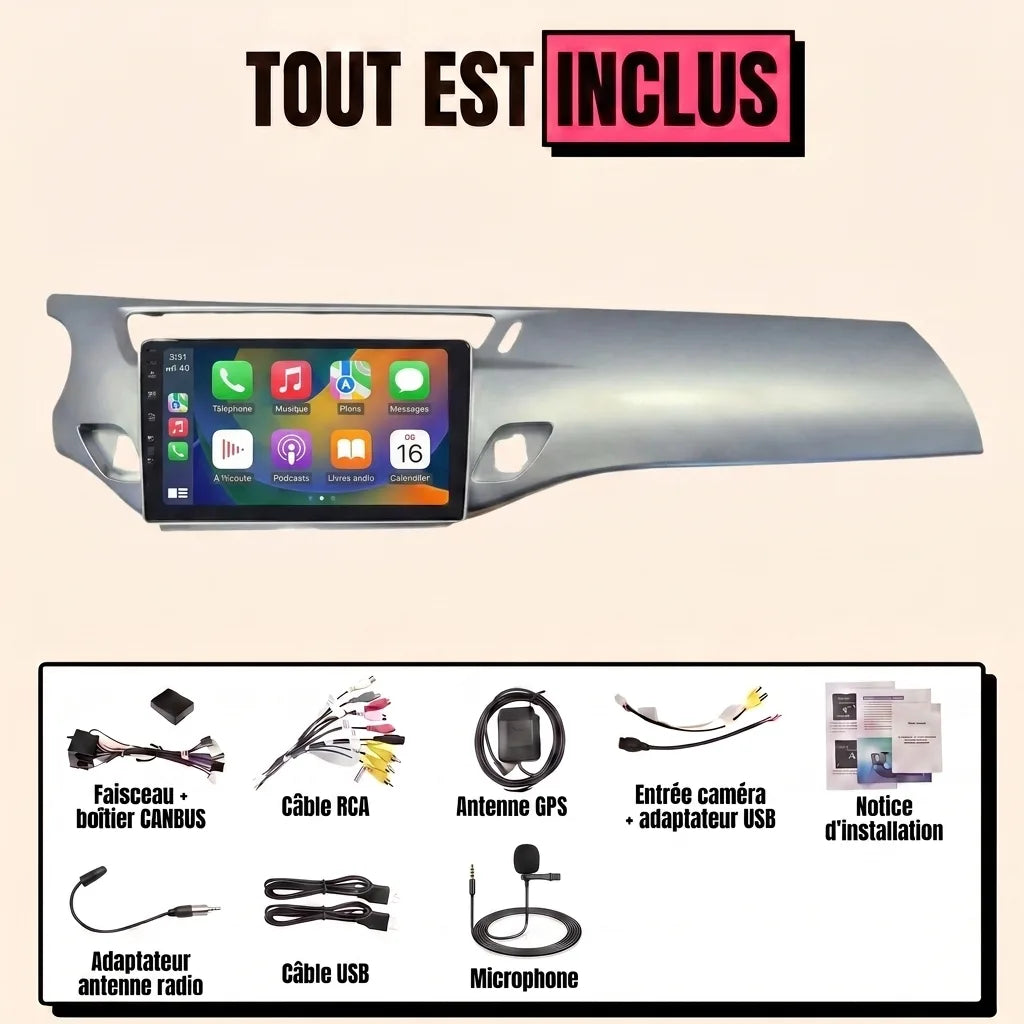 Kit autoradio CarPlay Citroën DS3 (2010-2019) écran tactile 9 pouces intégré au bandeau gris argent : tout est inclus, faisceau canbus, antenne GPS, câbles, microphone et notice