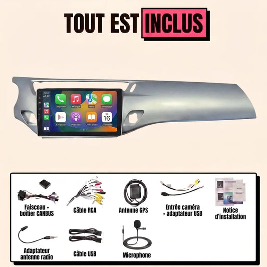 Kit autoradio CarPlay Citroën DS3 (2010-2019) écran tactile 9 pouces intégré au bandeau gris argent : tout est inclus, faisceau canbus, antenne GPS, câbles, microphone et notice