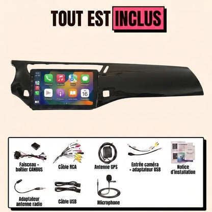 Kit autoradio CarPlay Citroën DS3 (2010-2019) écran tactile 9 pouces intégré au bandeau noir brillant : tout est inclus, faisceau canbus, antenne GPS, câbles, microphone et notice