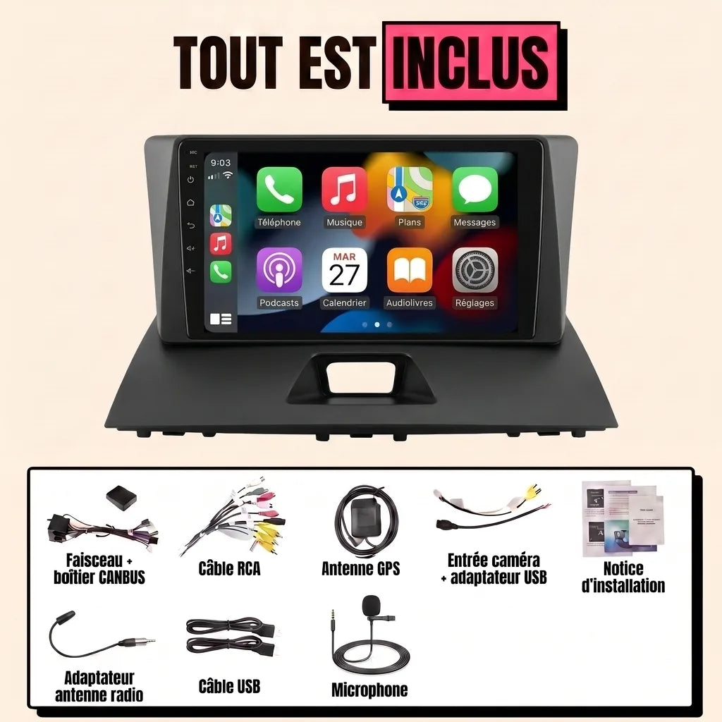 Autoradio CarPlay Citroën Jumpy 2 (2007-2016) : tout est inclus, écran 9 pouces avec cadre haut de planche, faisceau canbus, antenne GPS, micro et câbles
