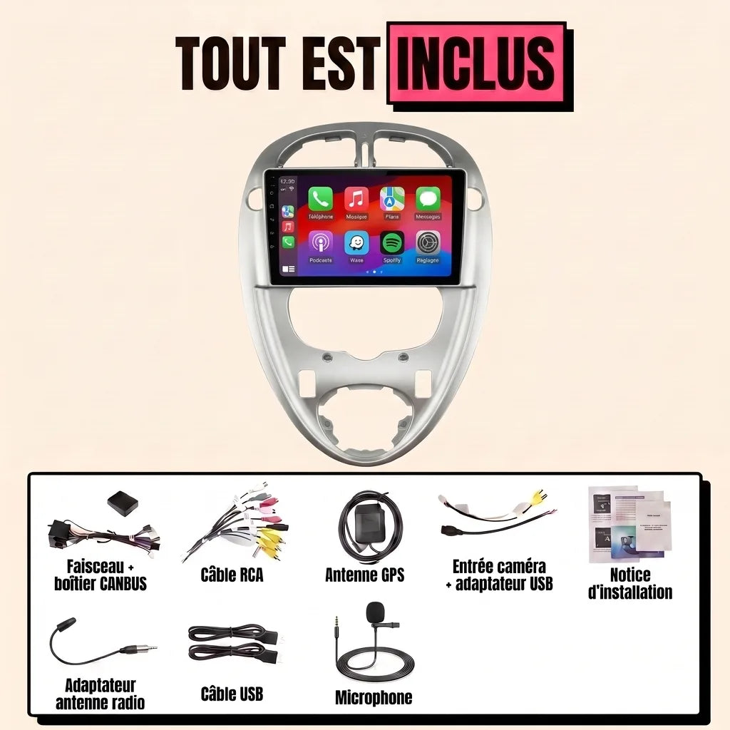 Autoradio CarPlay Citroën Xsara Picasso (1999-2010) écran 9 pouces façade gris argent, kit complet inclus : faisceau canbus, antenne GPS, câbles USB, microphone, notice