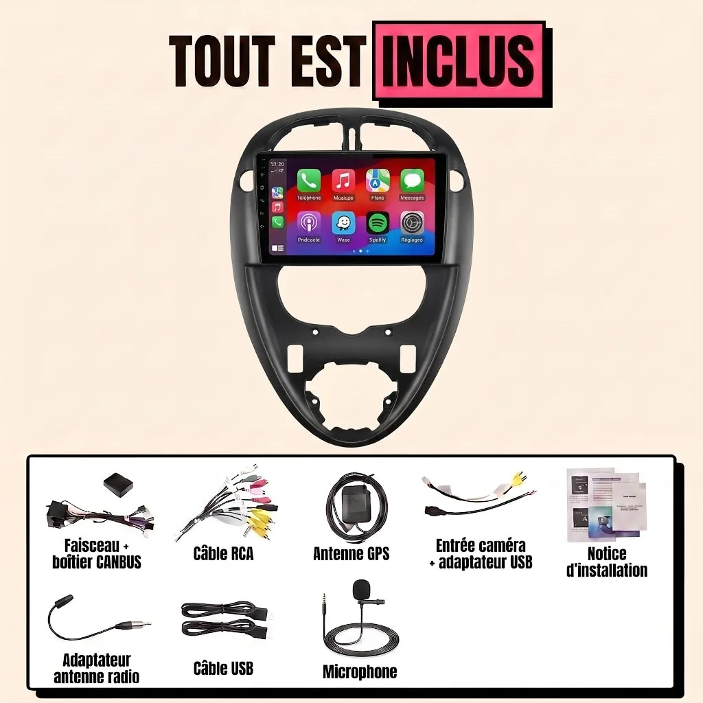 Autoradio CarPlay Citroën Xsara Picasso (1999-2010) écran 9 pouces façade noire, kit complet inclus : faisceau canbus, antenne GPS, câbles USB, microphone, notice