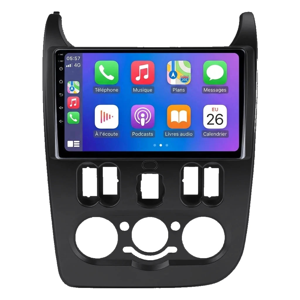 Autoradio CarPlay Dacia Duster phase 1 (2010-2013) façade noire avec écran tactile 9 pouces sur fond blanc