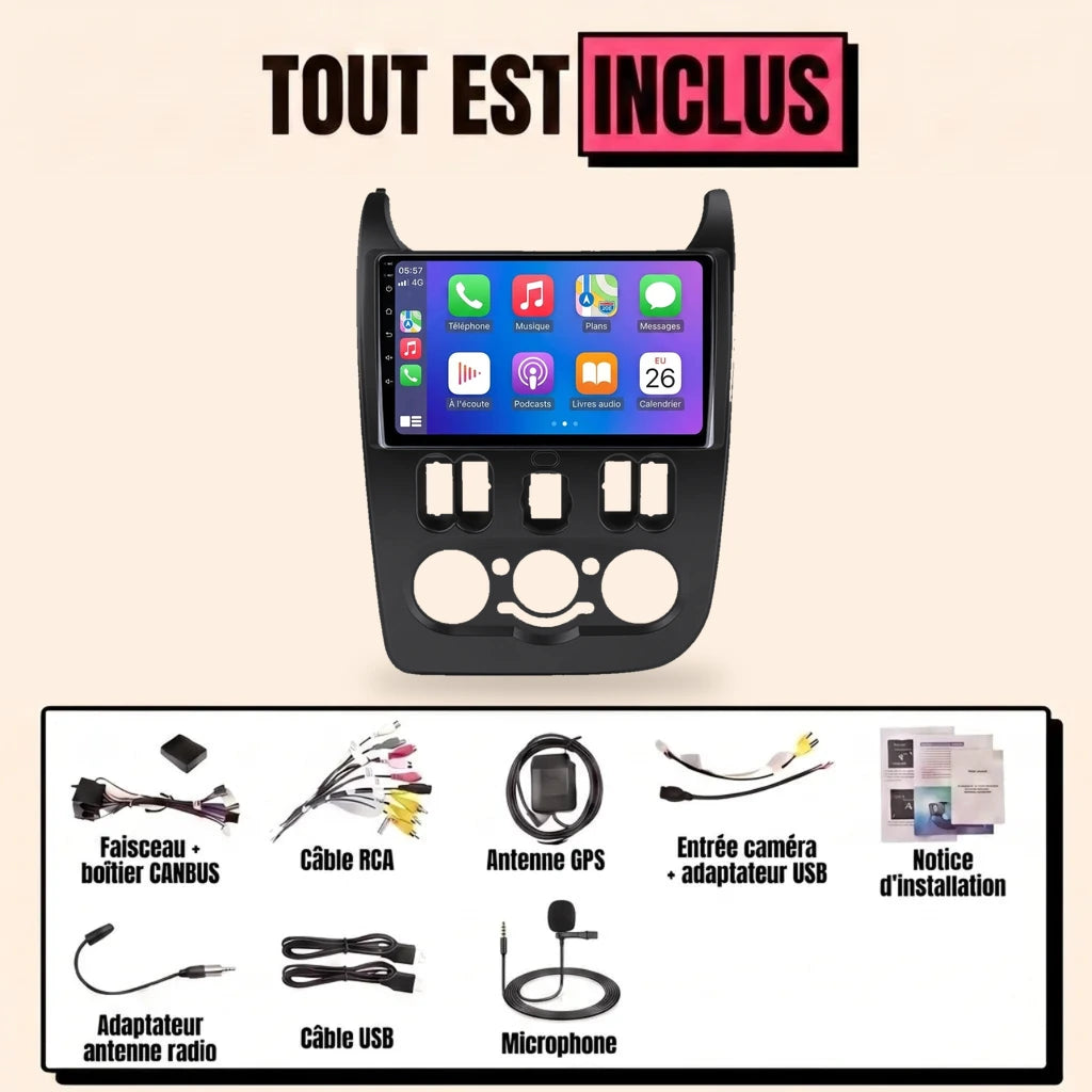 Autoradio CarPlay Dacia Duster phase 1 (2010-2013) écran 9 pouces dans sa façade noire, kit complet tout inclus avec faisceau CANBUS, antenne GPS, caméra et microphone